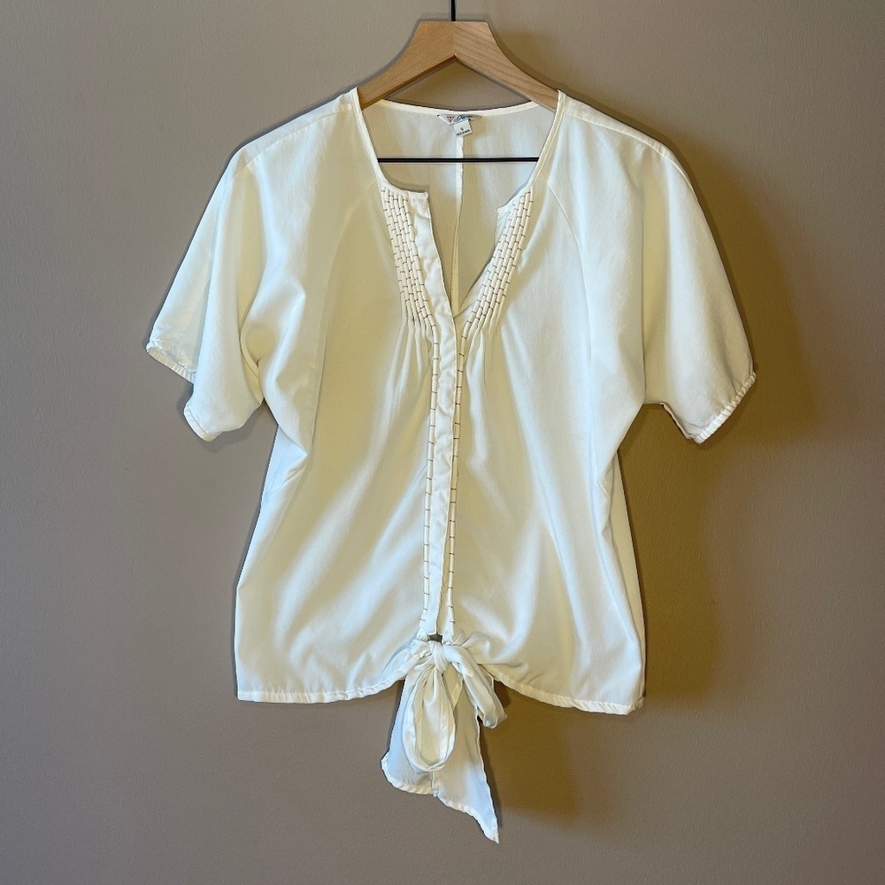 Vintage Guess Off White Sheer Blouse with Bottom Tie-S